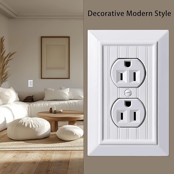 Beadboard Outlet Covers Wall Plates, Bamboo Fiber Light Switch Covers, Natural Material Electric Receptacle Decorative Switch Plate Outlet Cover (Pure White, 1 Gang Duplex 4 Pack)