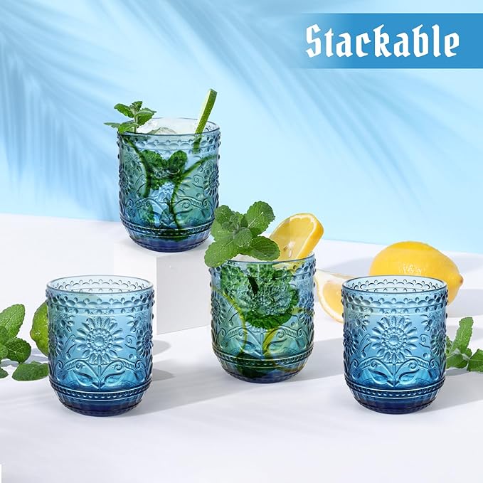 Topsky Vintage Drinking Glasses Set of 4,12oz Drinkware Set,Blue Glass Cups Wine Glasses Colored Glassware for Whisky,Beer,Juice,Cocktail,Heavy Duty