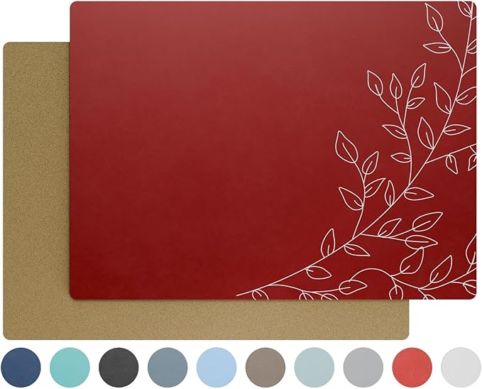 Royalty Art Dark Red Boho Placemats, 4 Pc. Set, Non-Slip Cork Backed, Wipeable Heat Resistant Surface for Kitchen and Dining Table Protection, Cute Floral Pattern for Farmhouse or Rustic Decor