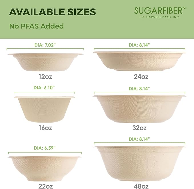 [500 COUNT]Harvest Pack PFAS FREE 24oz Compostable Bowls, Round Soup Paper Heavy-Duty Eco-Friendly Disposable Bagasse Bowl, sugarcane made plant fibers for Meal Prep