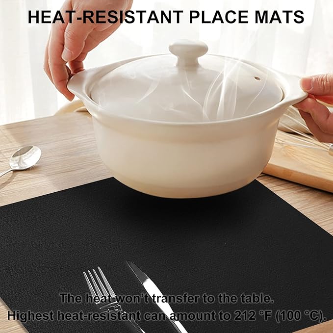 homing Faux Leather Heat Resistant Placemats 8 Packs, Waterproof Wipeable Dining PU Place Mats for Indoor & Outdoor, Easy to Clean, Black