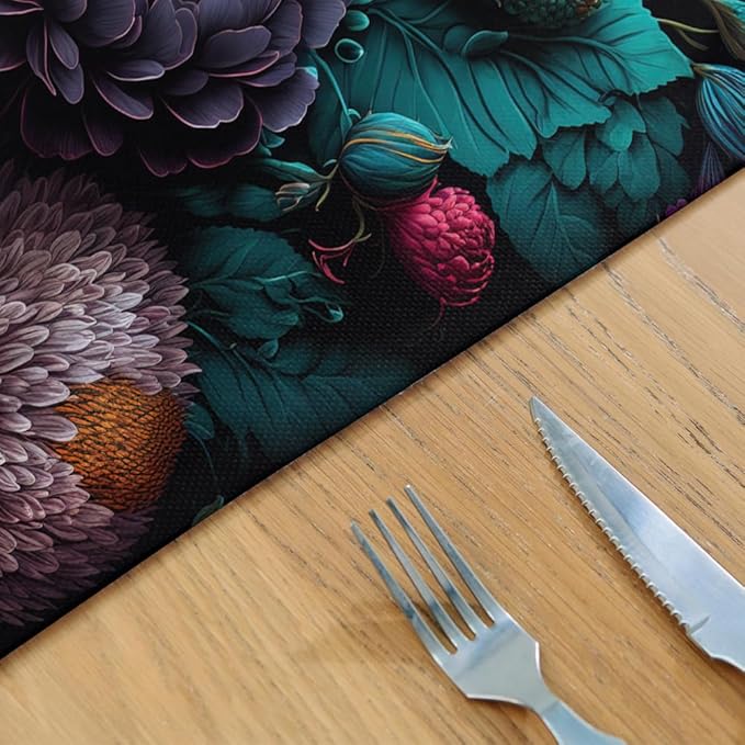 12"x18" Dark Black Pink Purple Red Peony Floral Placemats Set of 4 Washable Thick Place Mats Kitchen Table Mats Decorative Linen Fabric Table Mat for Dining Table Kitchen Home Decor