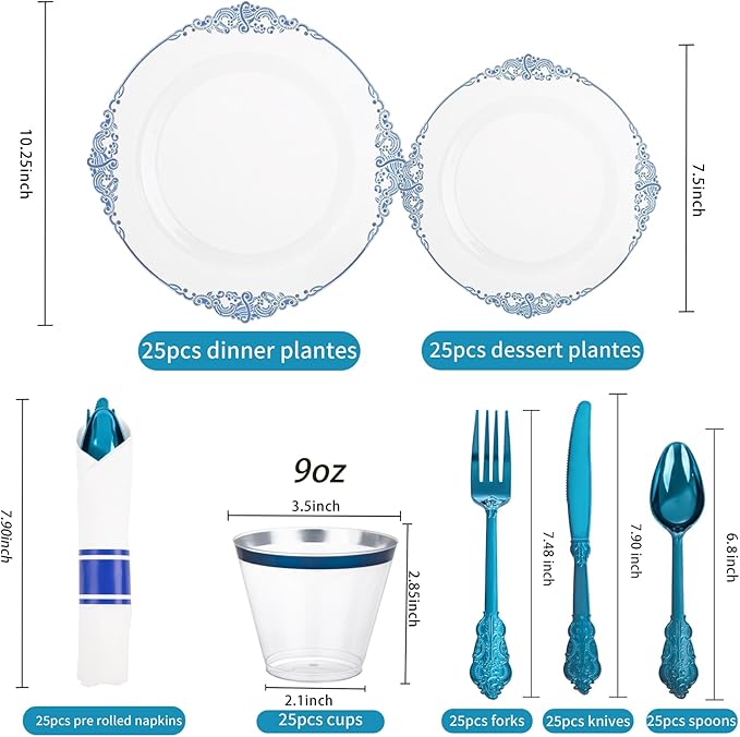 Hioasis 175pcs Clear and Blue Plates - Blue Party Plates for 25 Guest, Include 50 Heavy-duty Plates(20% Thicker Than Standard), 25 Pre Rolled Gold Plastic Silverware Set, 25 Cups