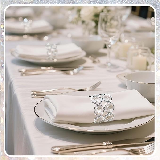 Crystal Metal Napkin Rings Set, Elegant Wedding/Party Table Decor, Shiny Holiday Dinner Accessories Bulk, Bridal Shower Gift, Anniversary, Christmas, Home Decor Essentials (Silver, 24-Pcs)