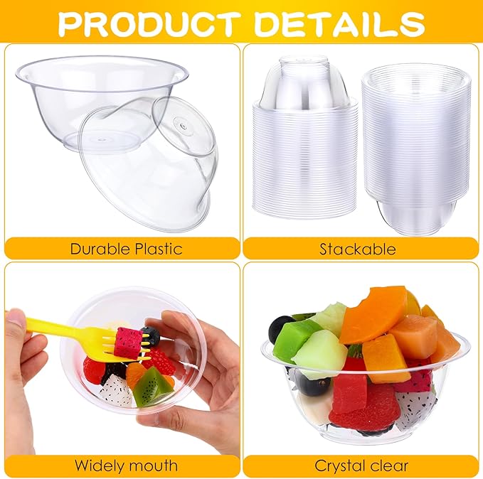 200 Packs 8.5 oz Clear Plastic Bowls Disposable Plastic Bowls for Parties Weddings Serving Container for Candy, Soup, Dessert, Salsa, Ice Cream, Popcorn, Chip