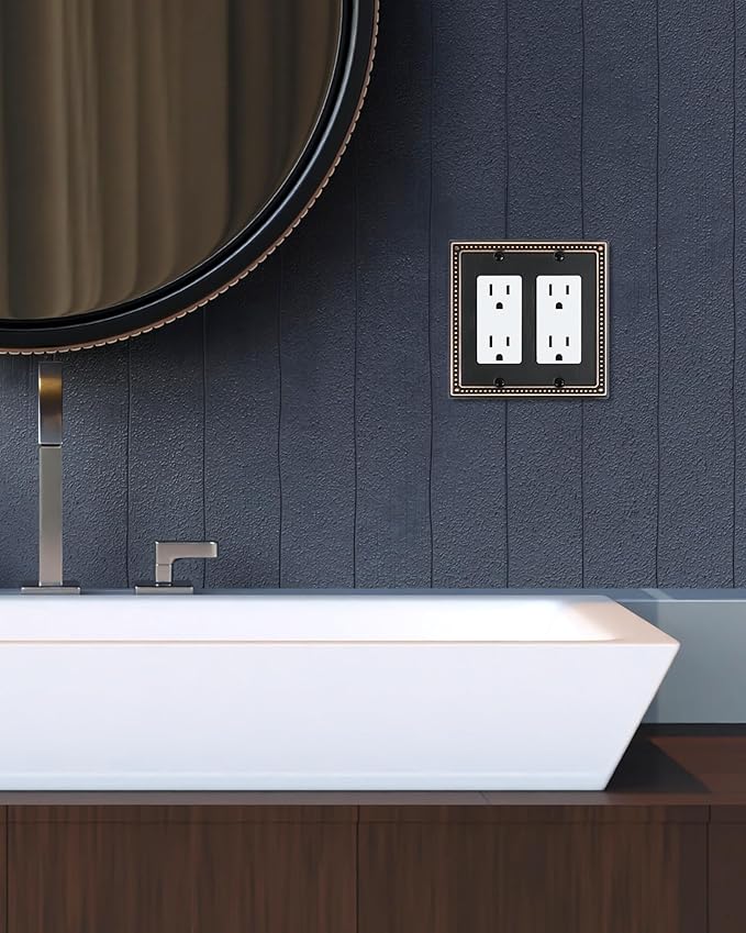 2-Pack Double Decorator Outlet Cover Plate, Pearls Decorative Switch Plates and Outlet Covers, 2 Gang Aged Bronze Metal Wall Plates, Corrosion Resistant