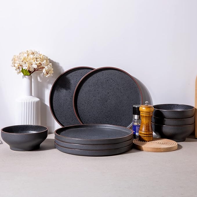 LERATIO Salad Plates,8.0 inch ceramic plates,Ceramic Salad Plates Set of 6,Modern Shape Dinnerware Dishes Set for Kitchen, Microwave & Dishwasher & Oven Safe,Matte Black with coffee rim