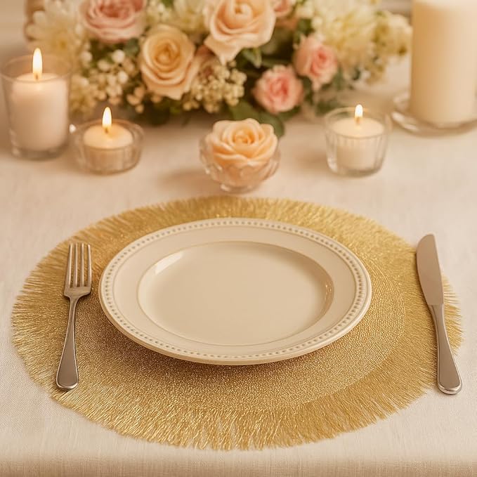 FAVE Set of 10 Round Gold Vinyl Placemats, Luxury Spiral Pattern for Formal Events, Restaurant, Parties, Birthdays (15 Inch,10PCS)