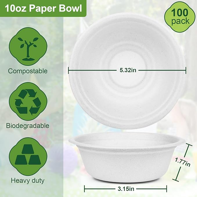 Paper Bowls 10 oz, 200 Pack Bowls Disposable Heavy Duty For Hot Soup, Ice Cream, Fruits, Snack, Small Compostable Bowl Made Of White Sugarcane