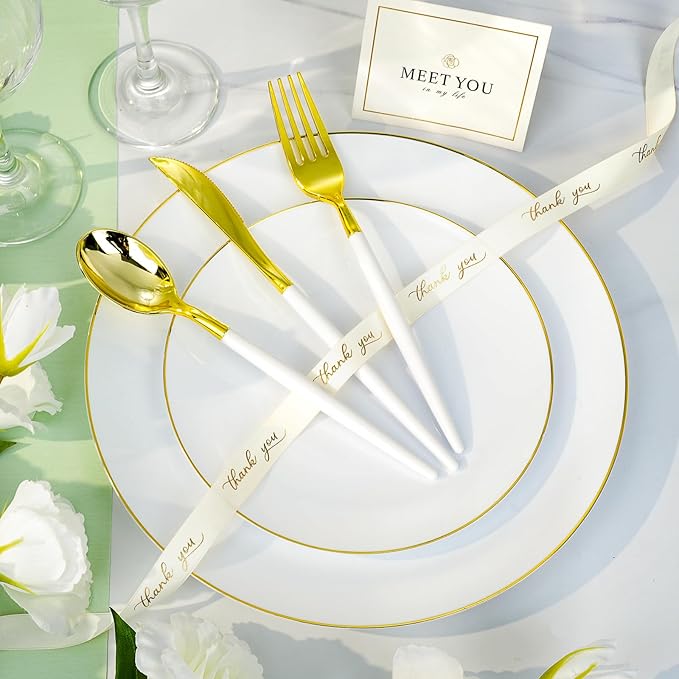 100 PCS Gold and White Plastic Plates, 7 inch White Disposable Plates for Party, Plastic Dessert/Salad Plates