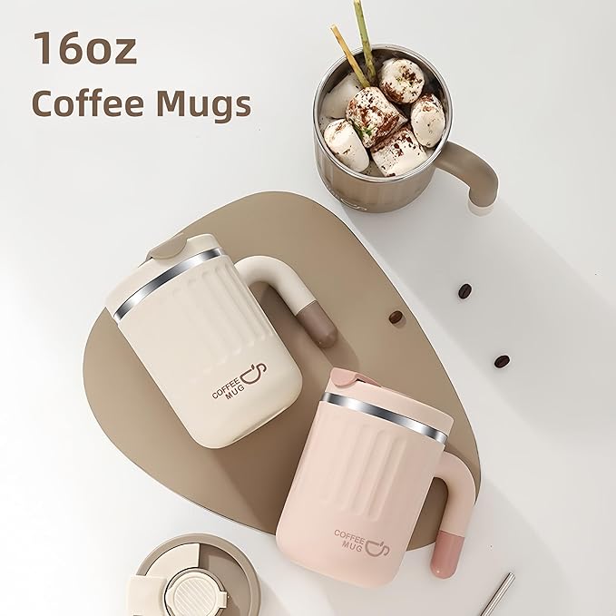 16oz Insulated Coffee Mugs - Ideal for Indoor Office Use. Features SUS 304 Inner, Double Wall Insulation, Detachable Silicone Ring. 3 Drinking Options. Available in White, Brown, Pink (khaki)
