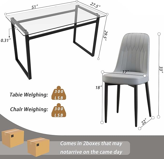 Modern Glass Dining Table Set for 4, Rectangular Kitchen Table Set, 5 Piece Dining Table Set with 1 Tempered Glass Table and 4 PU Dining Chairs for Dining Room, Kitchen,Office
