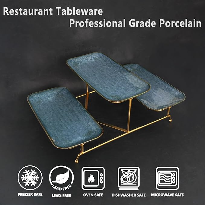 3 Tier Serving Trays for Party, 12.4 Inch Porcelain Serving Platters and Tiered Trays, Foldable Sturdy Gold Stand, for Food Display, Fruit, Cake Dessert, Decoration Entertaining, Blue