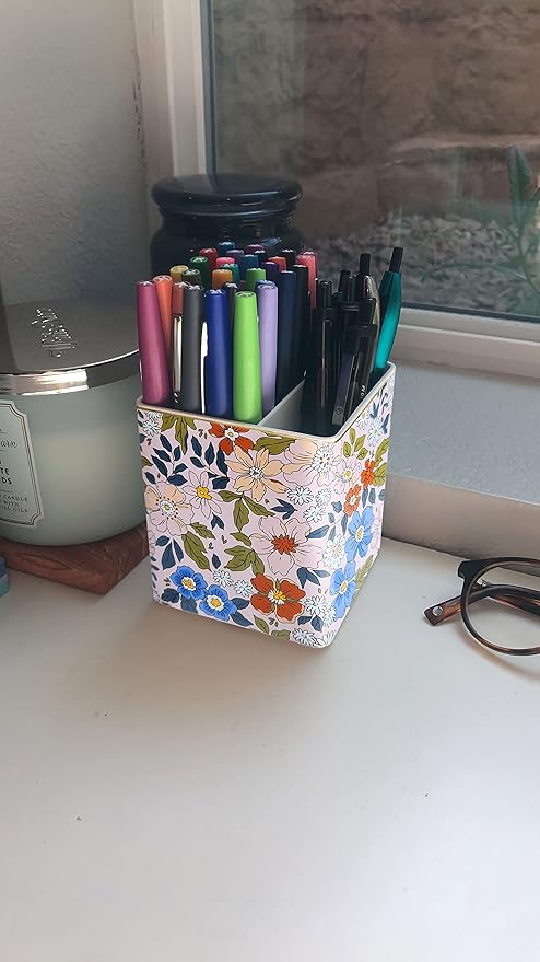 Pen Pencil Holder, Makeup Brush Holder,Ceramic Remote Control Holders Organizer with 2 Compartment Floral Multi-functional Office Organizers Storage Caddy Desk Tv Remote Holders Pink Flowers