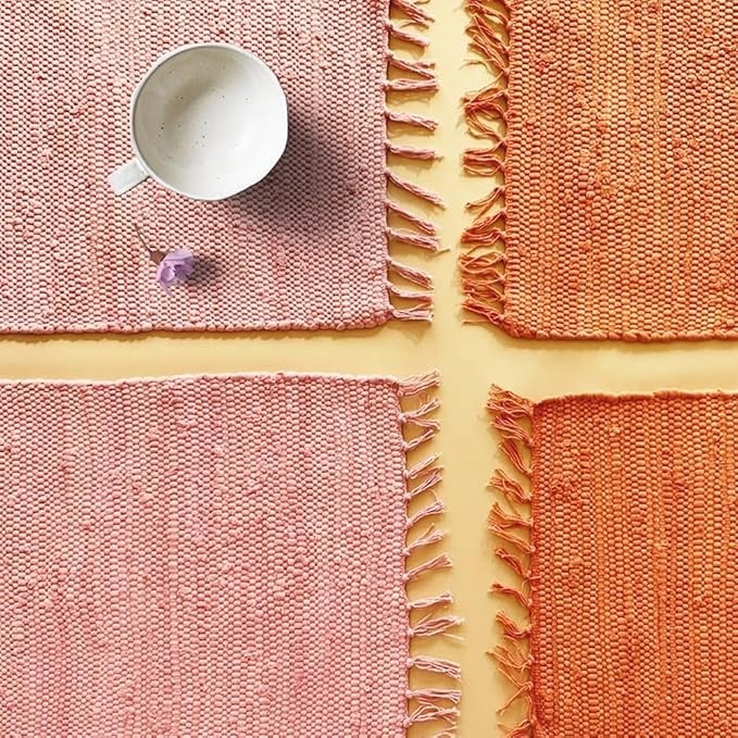 PILLOWPIA Handcrafted Chindi Placemat – 100% Cotton, Handwoven Boho Table Mat | Eco-Friendly Colorful Decor for Dining Room, Kitchen, or Coffee Table – Peony Pink Woven Accent