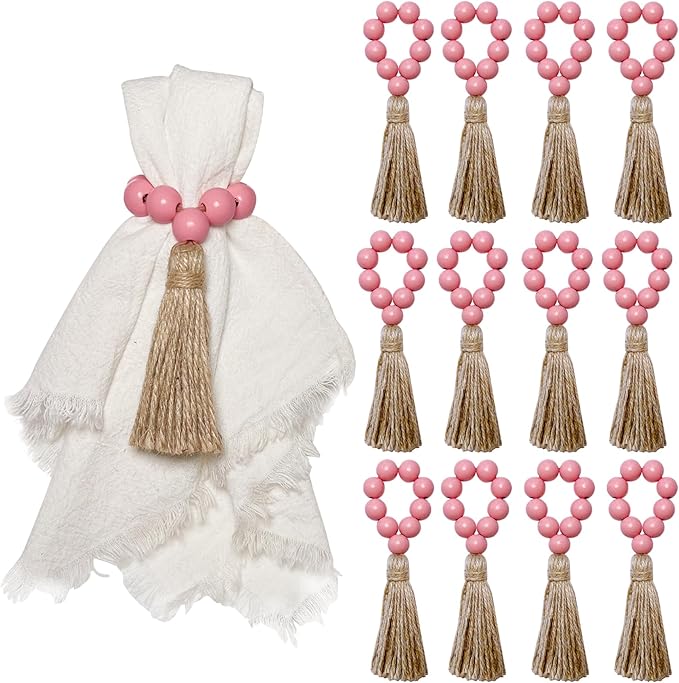 Valentine's Day Napkin Rings Set of 12,Wooden Napkin Ring,Wood Bead Elastic Farmhouse Napkin Holder with Tassel,Boho Napkin Rings for Table Decor,Weeding,Dinner,Party (Pink)