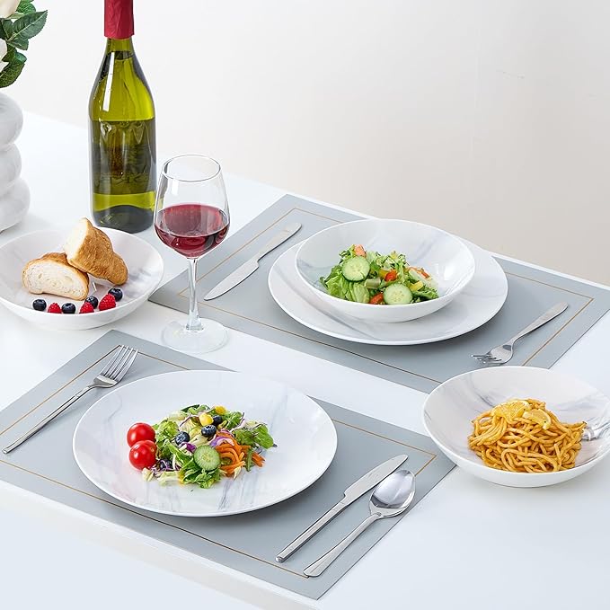 Bestone 12-Piece Round Kitchen Dinnerware Set, Plates, Bowls, Service for 4, Blue and White Marble