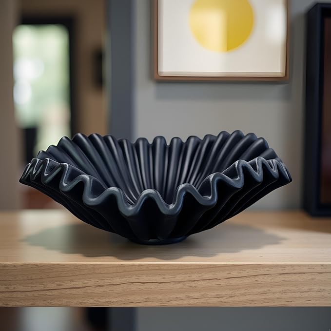 Large Decorative Bowl decor, Scalloped Pedestal Bowls for Modern Home Decor,Ruffle Decor,Stylish Key Bowl for Entry Table,Decorative Fruit Bowl for Kitchen Counter,Black