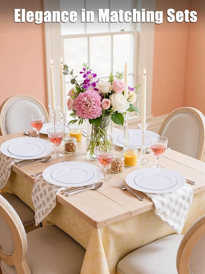 WDF 200pcs White Plastic Plates Disposable - Heavy Duty Plastic Plates for Party - Include 100 x 10 Dinner Plate and 100 x 7 Dessert/Cake Plate - Ideal for Weddings/Parties/Events