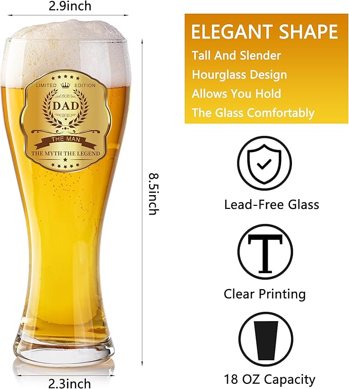 Beer Glasses Gifts for Dad, Personalized Beer Glass Ware Set for Birthday, Father's Day, Christmas, New Year, and Thanksgiving Gift, Package with Drinking Glass, Coaster, and Card for Man