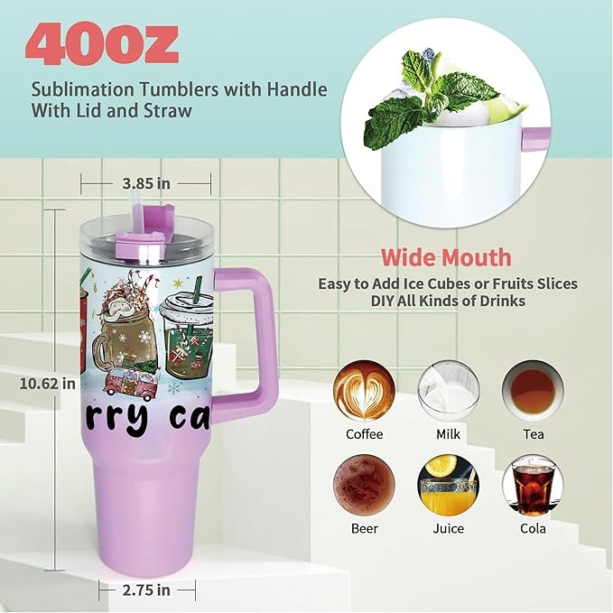 40 oz Sublimation Tumbler with Handle Lid and Straw 20 Pack Gradient Glitter Stainless Steel Double Wall Vacuum Insulated Bulk Sublimation Blank Mixed Colors