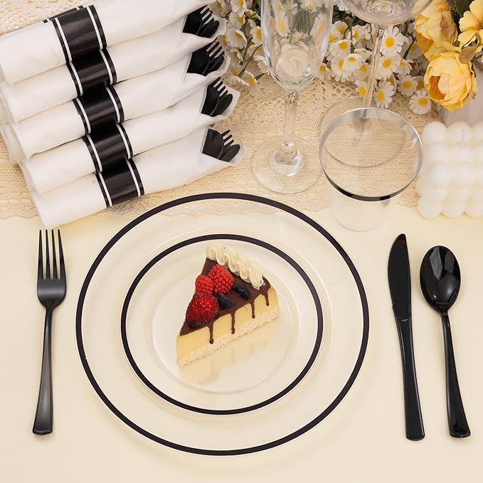BESTSTAR 175PCS Clear and Black Disposable Plates Set for 25 Guests, 50 Plastic Plates, 25 Cups, 25 Pre-Rolled Napkins with Plastic Cutlery for Party, Birthday, Wedding, Thanksgiving, Christmas