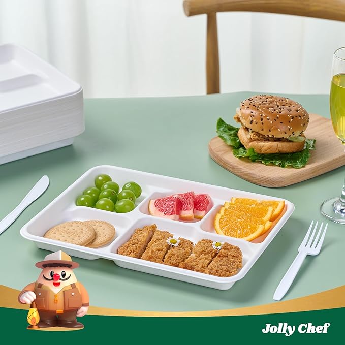 JOLLY CHEF Compostable 𝟱 Compartment Paper Plates 𝟭𝟭 * 𝟴 𝗶𝗻𝗰𝗵 [𝟭𝟬𝟬 𝗣𝗮𝗰𝗸] Heavy Duty White Divided Disposable Plate Eco-Friendly Biodegradable Food Tray for Party Lunch Dinner Christmas