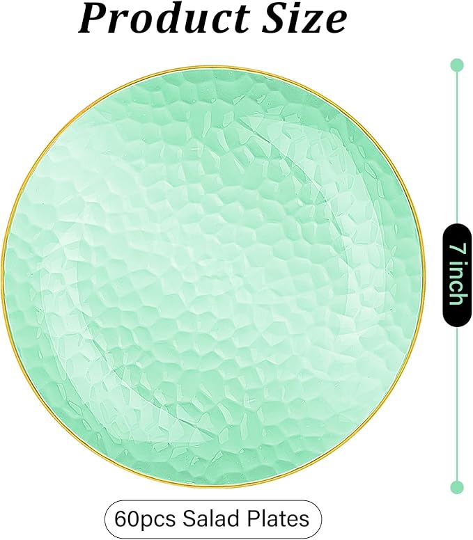Rubtlamp 60 Pcs Green Gold Plastic Plates, Hammered Plastic Salad Plates, Green Disposable Plates With Gold Rim,7 Inch Disposable Dessert Platos, Disposable Dessert Appetizer Platos for Party