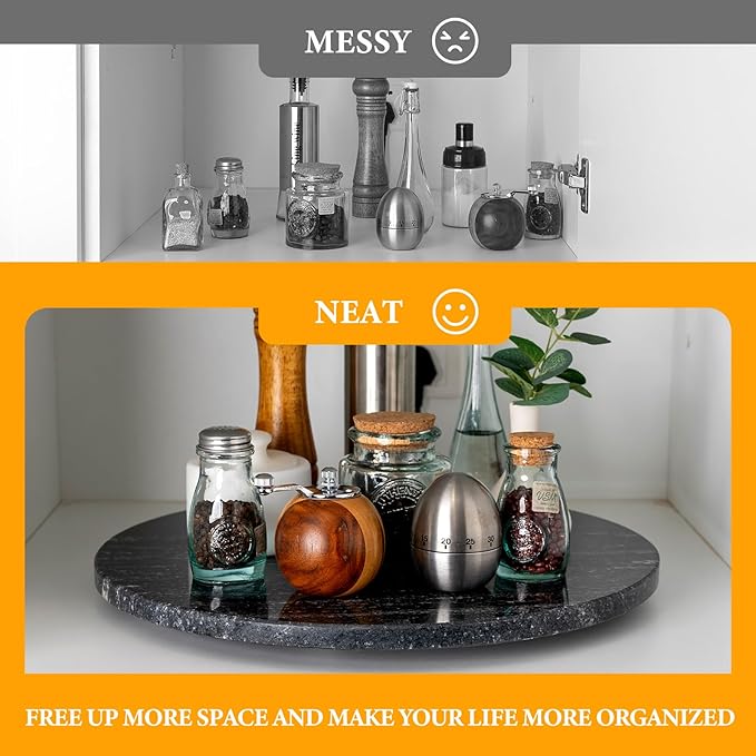 Koville 16'' Black Marble Lazy Susan for Kitchen, Marble Turntable for Dinning, Stone Lazy Susan Organizer for Cabinet, Serving Rotation Spinning Tabletop Organizer Swiveling, Spice Rack Storage