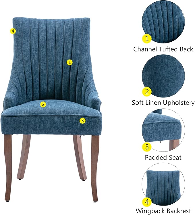 mikibama Linen Dining Chairs Set of 4 Channel Tufted Kitchen Dinner Chair Comfy Fabric Upholstered Accent Chair for Dining Room with Solid Wood Legs (Blue 4pc)