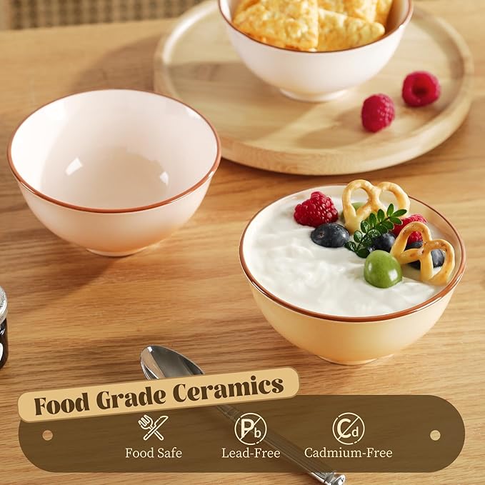 Ceramic Dessert Bowl Set of 6 - Small Porcelain Bowls for Rice, Snack, Ice Cream - Microwave and Dishwasher Safe - Assorted Candy Hue - 4.7 Inch - 10 OZ