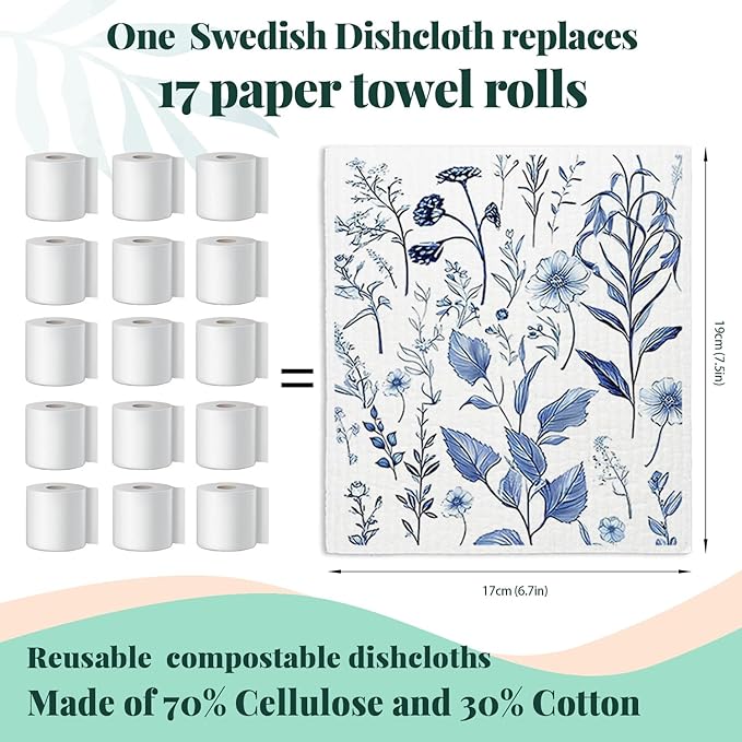 Spring Flower Swedish Dishcloths for Kitchen, Blue Swedish Dish Cleaning Cloths for Floral, Papaya Reusable Paper Towels, 4 Pack Dish Towels for Kitchen, Reusable Paper Dishcloths Washable