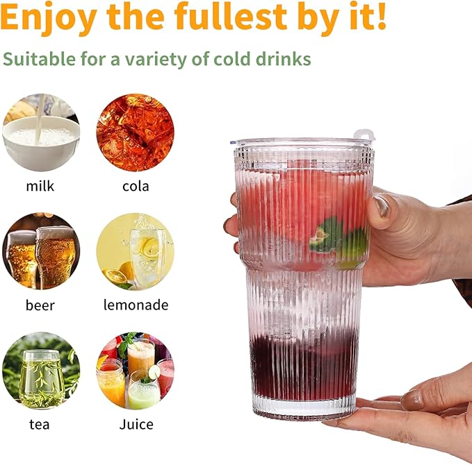 Glass Cups with Lids and Straws - 18oz Glass Tumbler with Straw and Lid, Premium Coffee Cups for Tea, Iced Coffee, Smoothie，Ideal Gift for Home, Office, Coffee Shop, 1pack