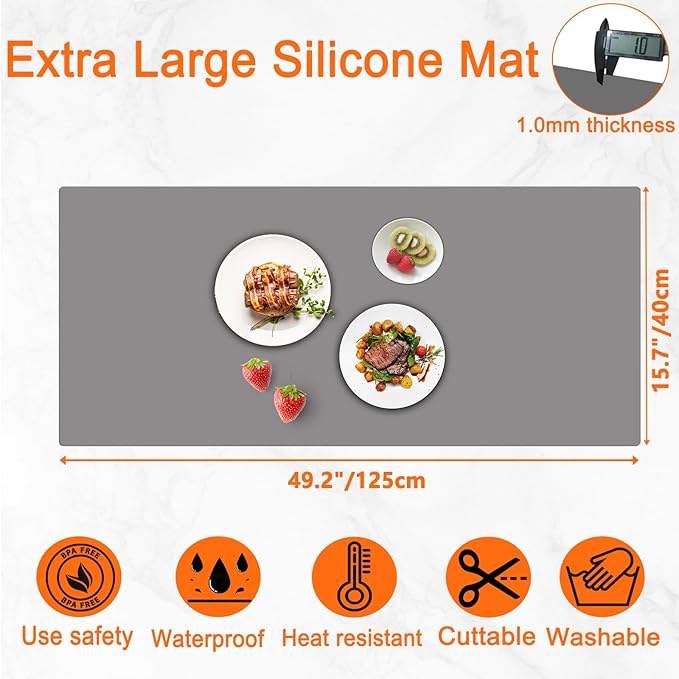 49.2''x15.7''(125cmx40cm) Extra Large Silicone Mat, Silicone Mats for Kitchen Countertop, Heat Resistant Mat Kitchen Island Countertop Protector, Waterproof Kitchen Counter Mats, Light Gray