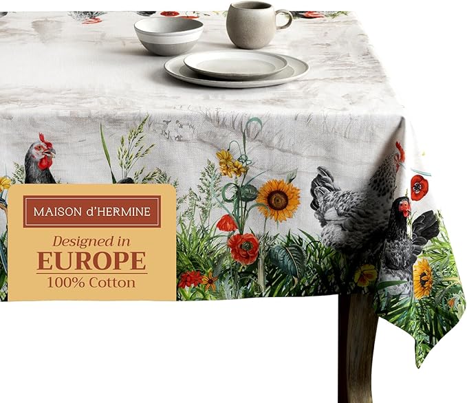 Maison d' Hermine Table Cloth Square Table 100% Cotton 54 x 54 Inches Tablecloth Reusable Decorative for Dining Room Farmhouse Home Valentines Day Decorations Spring Summer - Basse Cour