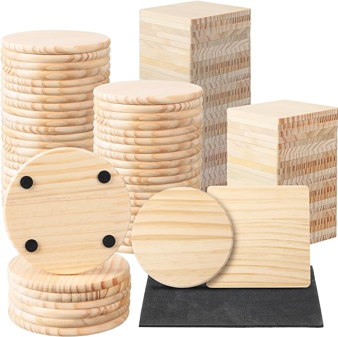 Hushee 72 Pcs Unfinished Wood Coasters 4 Inch Blank Wooden Coasters for Crafts with Non Slip Foam Pad Stickers Wooden Craft Tabletop Protection for Christmas DIY Painting Engraving Home Decoration