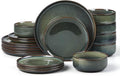 E-far Dinnerware Sets for 6, 18-Piece Stoneware Plates and Bowls Set, Ceramic Dishes Reactive Glaze Dinning Ware, Microwave & Dishwasher Safe - Obsidian Green
