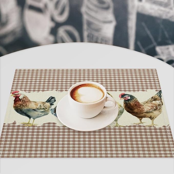 Rustic Rooster Placemat Set, Vintage Boho Farmhouse Colorful Watertcolor Chicken Pink Plaid Pattern Home Decor Table Mats for Dining Room Kitchen Party (17x12in) x6P