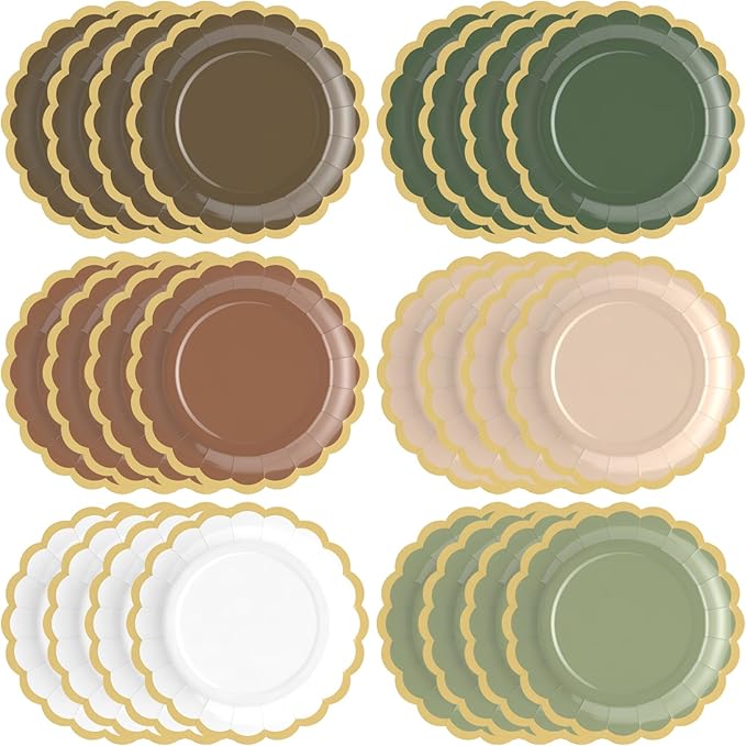 48 Pcs Woodland Green and Brown Paper Plates 9 Inch Gradient Scalloped Paper Disposable Dinner Dessert Plates for Birthday Wedding Bridal Party Supplies, 6 Colors