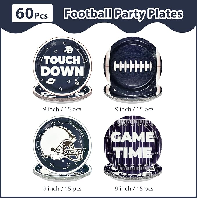 60Pcs Cowboys Football Party Supplies 9” Navy Blue Football Paper Plates Footballs Themed Plates Disposable Tableware for Game Day Sports Birthday Party Supplies