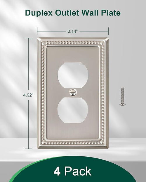 4-Pack Duplex Outlet Cover Plate, Metal Wall Plates for Electrical Outlets, Brushed Nickel 1 Gang Receptacle Cover, Pearls Decorative Switch Plates and Outlet Covers