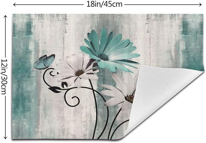 Floral Placemats Set of 4, 12x18 Inch Teal Blue Daisy Flower Table Mats Rectangle Vintage Flowers Holiday Decorative Table Placemats for Party Home Kitchen Dining Table Decoration