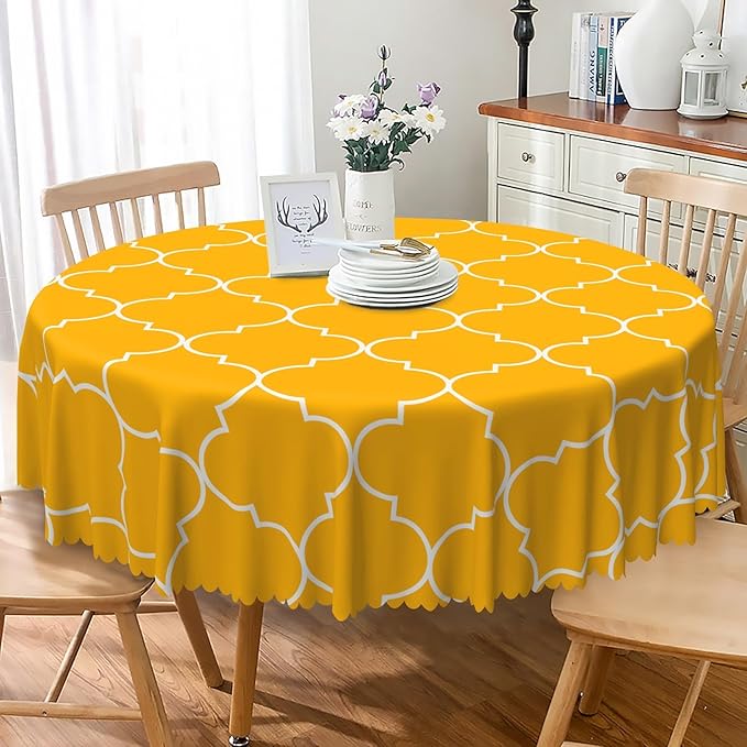 Laeacco 24 Inch Morocco Round Tablecloth Orange Geometric Lattice Modern Abstract Art Print Table Cloth Washable Waterproof Wrinkle Free Table Cover for Kitchen Dining Picnic Party Decoration