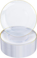 Nervure 100 Pieces Clear and Gold Plastic Plates - 10.25inch Gold Dinner Plate - Heavyweight Clear Disposable Plates Ideal for Party & Wedding