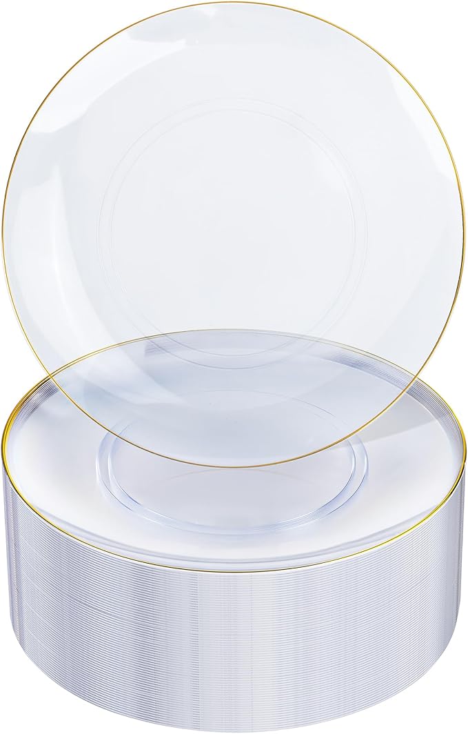 Nervure 100 Pieces Clear and Gold Plastic Plates - 10.25inch Gold Dinner Plate - Heavyweight Clear Disposable Plates Ideal for Party & Wedding