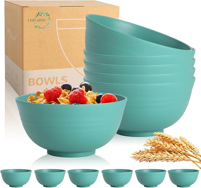 Wheat Straw Bowls Set of 6, 26 OZ Unbreakable Cereal Bowls for Family Meals, Reusable Dishes for Soup, Salad, Snacks, Microwave and Dishwasher Safe, for Kitchen, Camping, RV, Green