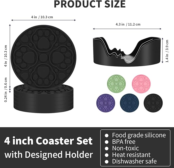 Black Silicone Coaster with Holder, 4 Inches Modern Bar Coasters Set of 6 for Desk, Tabletop Non Slip Decorative Cup Mat for Coffee, Drinks, Beer, Beverage - Dishwasher Safe