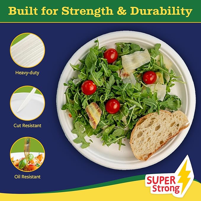 9” Compostable Plates, 125-Pack | Biodegradable Sugarcane | Sturdy, Microwave-Safe Disposable Plates for Parties & Events