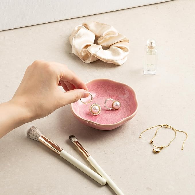 Ceramic Jewelry Tray Ring Holder Dish Floral Trinket Bowl for Women Girls Jewelry Organizer for Vanity Dresser Decor Wedding Birthday Gift for Her (pink)