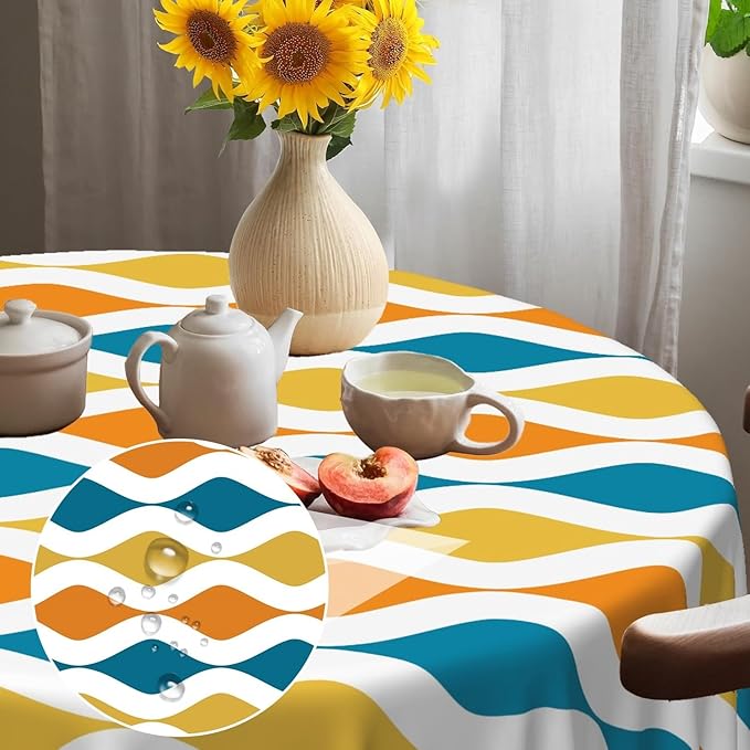 Laeacco 60 Inch Geometric Round Tablecloth Blue and Orange Waved Stripes Modern Abstract Art Print Table Cloth Washable Waterproof Wrinkle Free Table Cover for Kitchen Dining Picnic Party Decoration